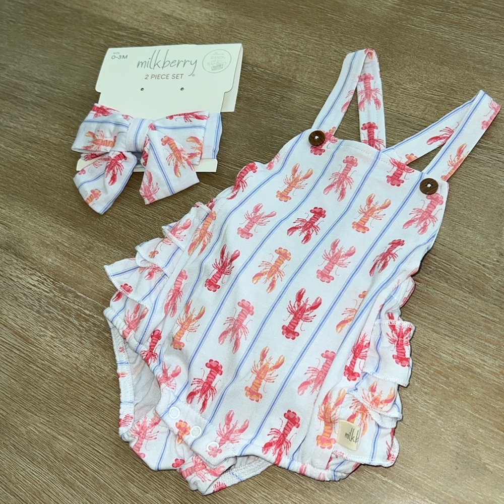 Milkberry Baby Girl Bamboo Lobster Ruffle Bubble Romper 0-3 months - Picture 5 of 7